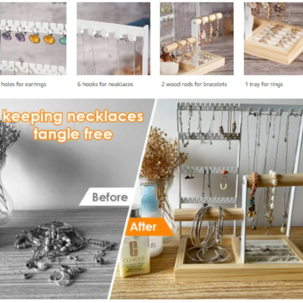 4-Tier Earring Holders & Necklace Towers - Jewelry Organizer w/ Velvet Ring Tray